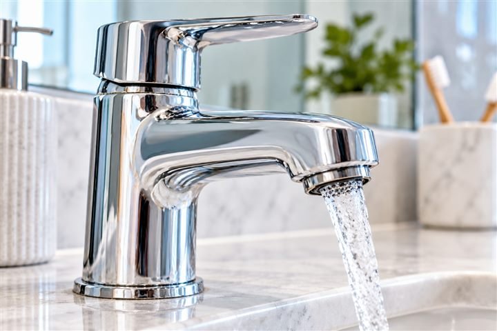 Clean polished chrome faucet running clear water in a bright bathroom