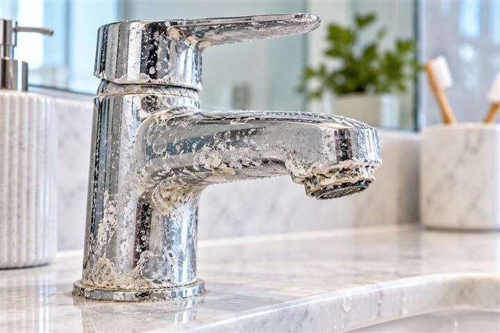 White mineral and limescale deposits on a chrome bathroom faucet