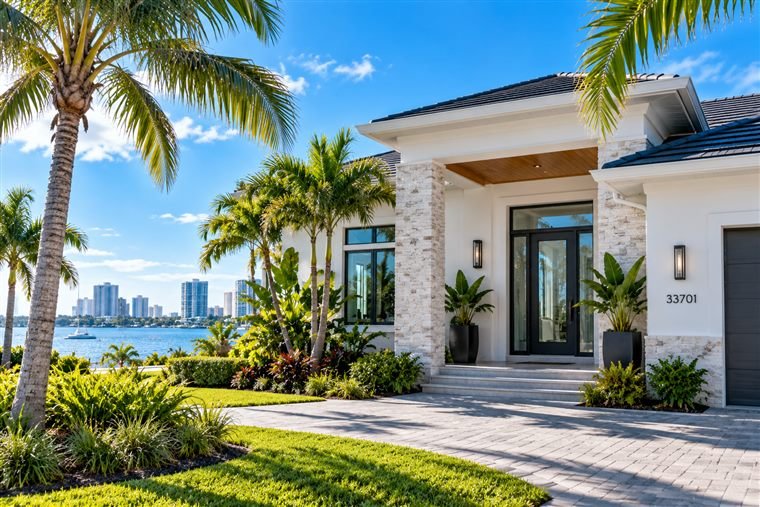 Bright modern Florida home with palm trees and waterfront surroundings