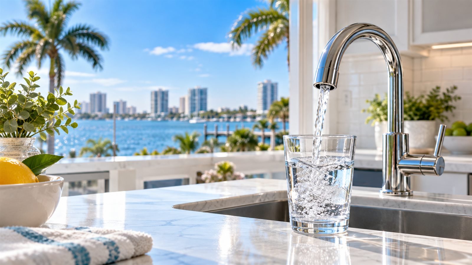 Clear water pouring from a chrome kitchen faucet in a bright Florida coastal home